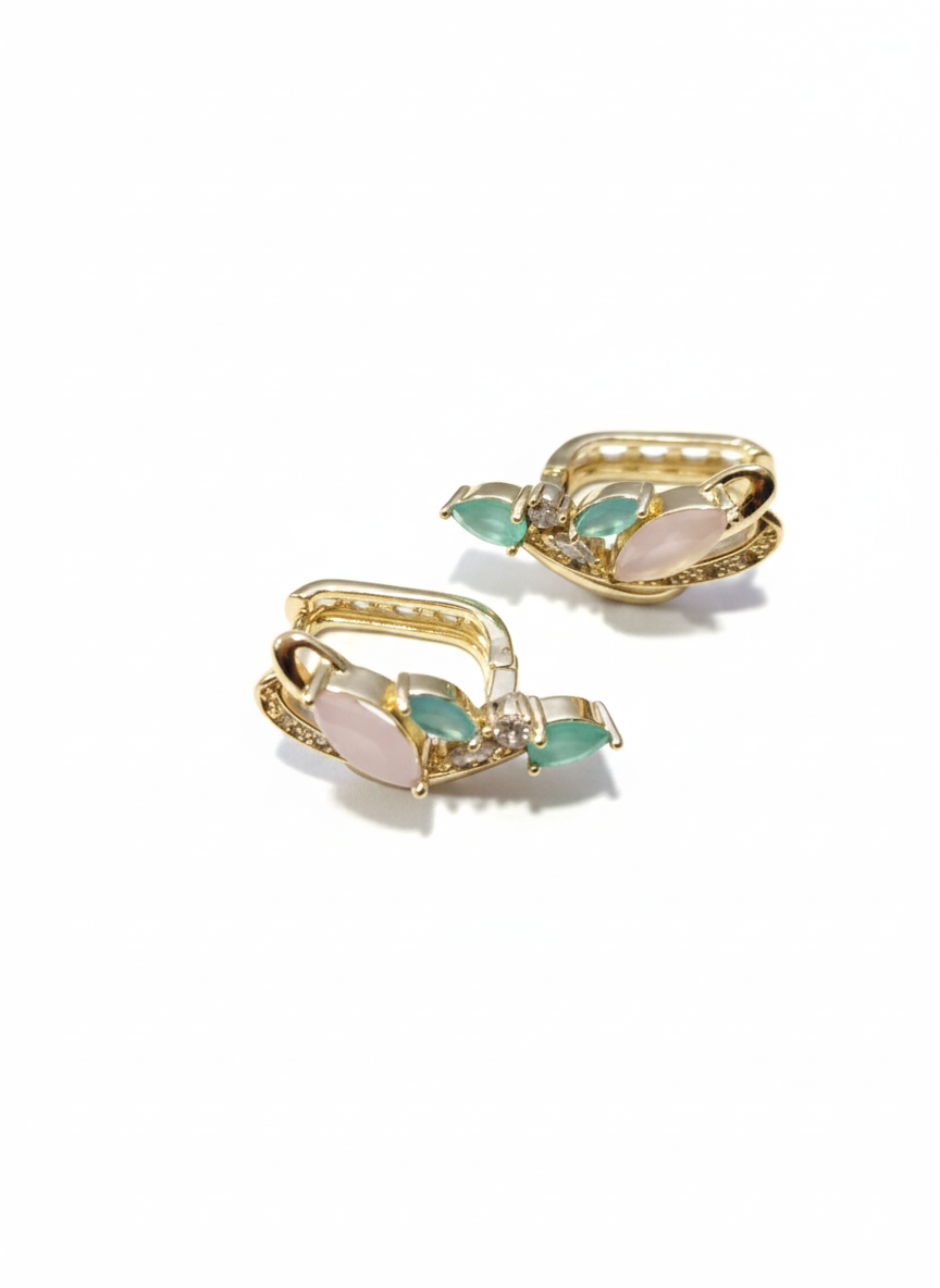 Pendientes Aro Huggie con Gemas Bicolores - Rosa Palo y Verde Menta
