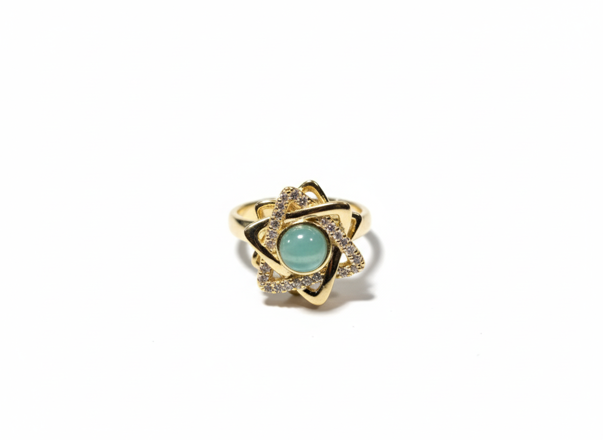 Anillo Estrella de David Aqua - Gema Celeste y Oro Pavé