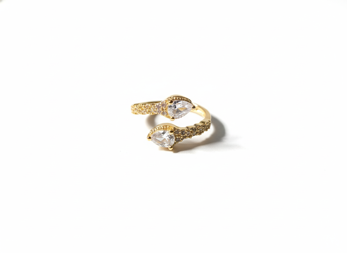 Anillo Ajustable Doble Lágrima - Circonitas Pavé y Oro