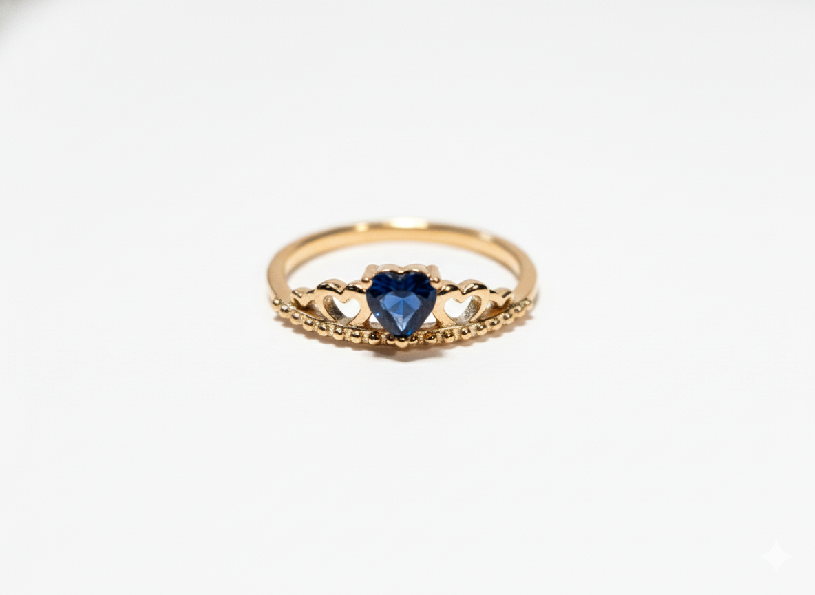 Anillo Delicado Tiara Corazón - Zafiro (Simulado) y Oro